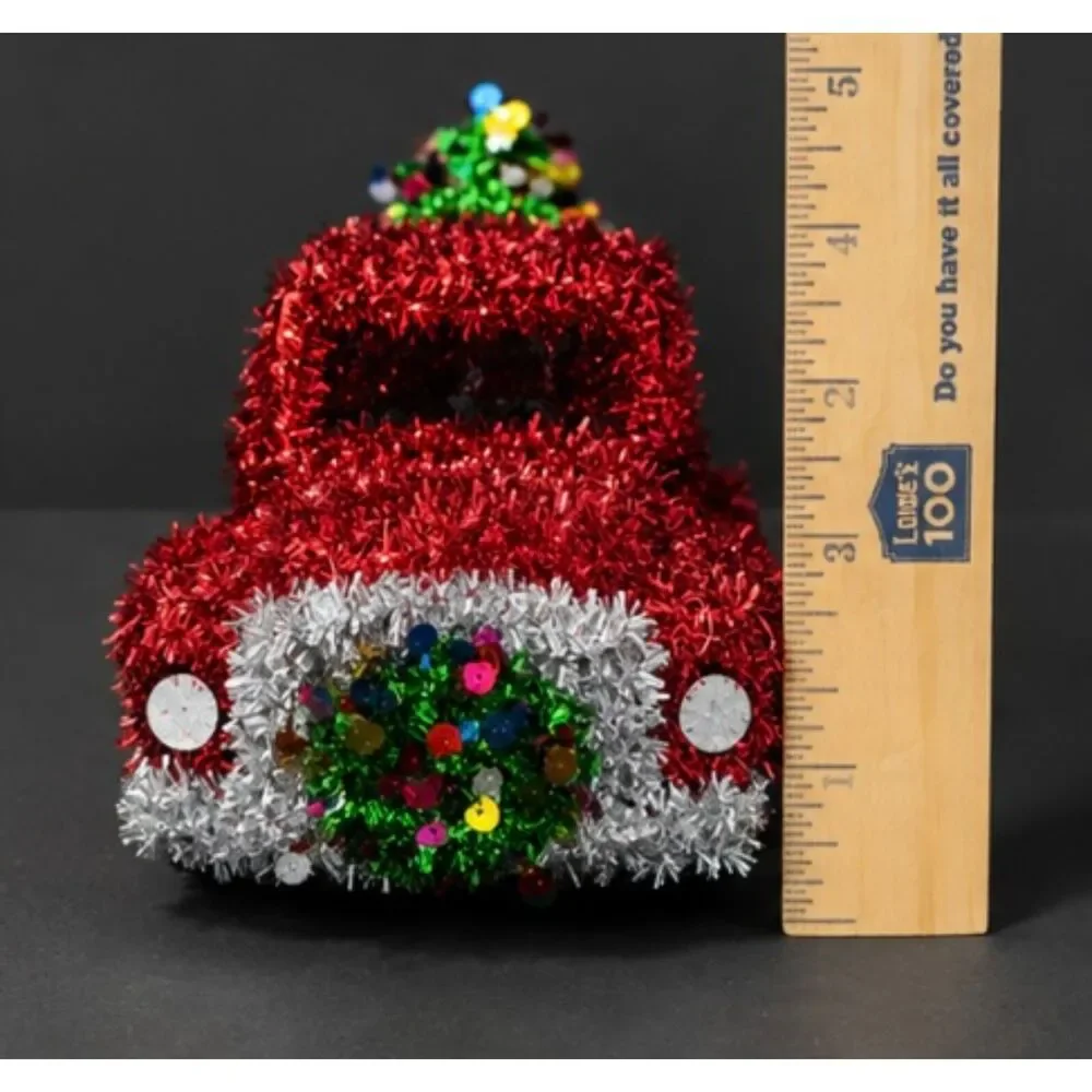 Red Tinsel Christmas Truck Tree Tabletop Decor Sequin Wreath 10.5
